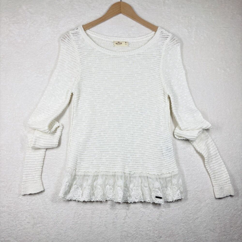 Vtg Y2K Hollister Crochet Sweater Women M Ivory Lace Ruffle Cottagecore Coquette